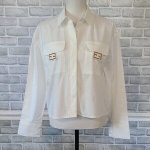 Lizette Collection White Cotton Button Up Long Sleeve Blouse Gold Buckle NEW M